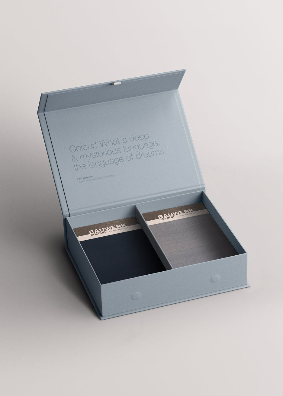A sample colour swatch box set with handprinted limewash colour swatches for design and architectural reference | © Bauwerk Colour