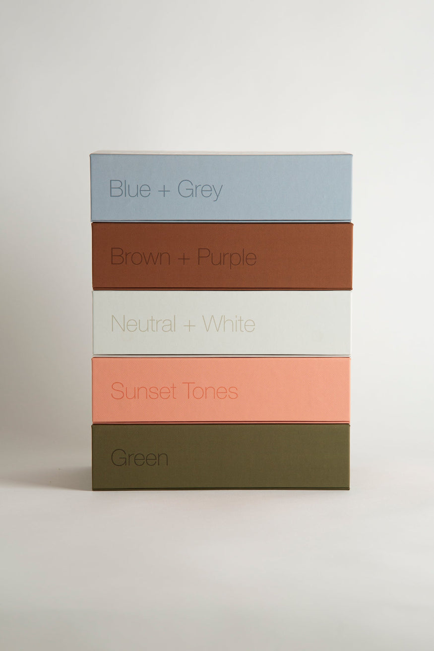 Colour Box Sets assorted by colour groups of handpainted limewash Colour Cards for architectural and design reference | © Bauwerk Colour
