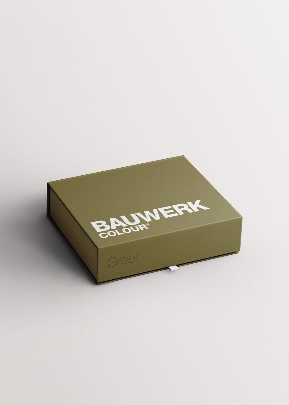 Architectural set of green mineral limewash paint swatches as boxed set for reference libraries for professional colour selection for indoor and outdoor paint application | © Bauwerk Colour
